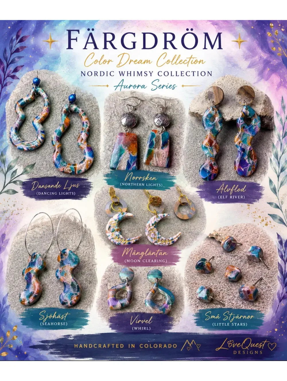 Stjärnvirvel | Matching Aurora Dangle & Stud Polymer Clay Earring Set